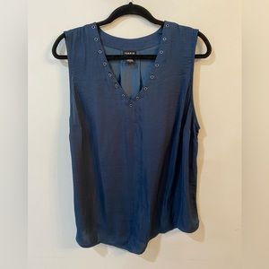 Torrid, sleeveless top, navy, V-neck with grommet detail, Size 2